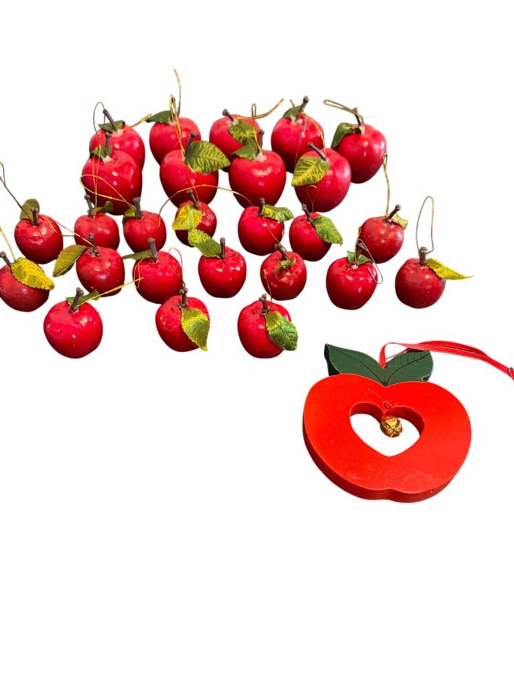 Vintage Set Of 27 Red Artificial Apple Ornaments Leaves Wooden Apple Estate
